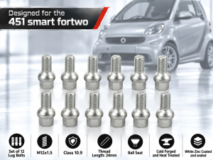 smart fortwo Lug Bolt Set - 451 model - Set of 12 - M12x1.5 - Ball Seat - Silver Finish smart fortwo Lug Bolt Set - 451 model - Set of 12 - M12x1.5 - Ball Seat - Silver Finish