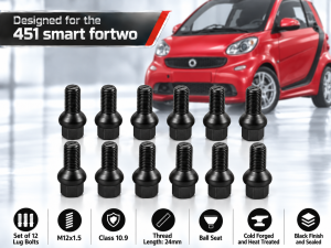 smart fortwo Lug Bolt Set - 451 model - Set of 12 - M12x1.5 - Ball Seat - Black Finish smart fortwo Lug Bolt Set - 451 model - Set of 12 - M12x1.5 - Ball Seat - Black Finish