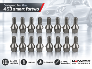 smart fortwo Lug Bolt Set - 453 model - Set of 16 - M12x1.5 - Cone Seat - Silver Finish smart fortwo Lug Bolt Set - 453 model - Set of 16 - M12x1.5 - Cone Seat - Silver Finish
