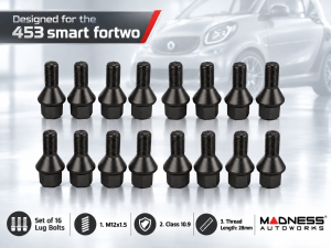 smart fortwo Lug Bolt Set - 453 model - Set of 16 - M12x1.5 - Cone Seat - Black Finish smart fortwo Lug Bolt Set - 453 model - Set of 16 - M12x1.5 - Cone Seat - Black Finish