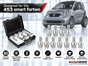 smart fortwo Lug Bolt + Lock Set - 453 model - Farad - Set of 16 - M12x1.5 - Cone Seat - Silver smart fortwo Lug Bolt + Lock Set - 453 model - Farad - Set of 16 - M12x1.5 - Cone Seat - Silver