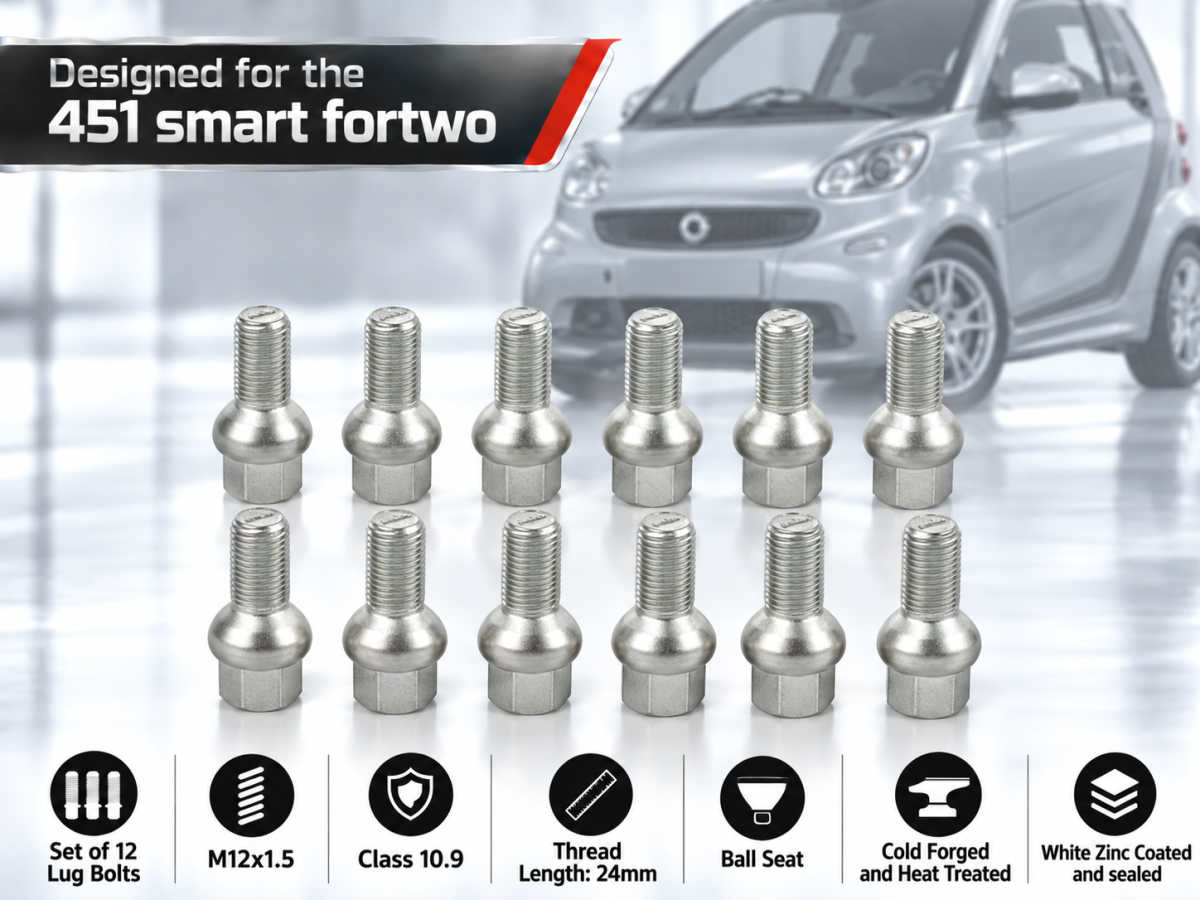 smart fortwo Lug Bolt Set - 451 model - Set of 12 - M12x1.5 - Ball Seat - Silver Finish