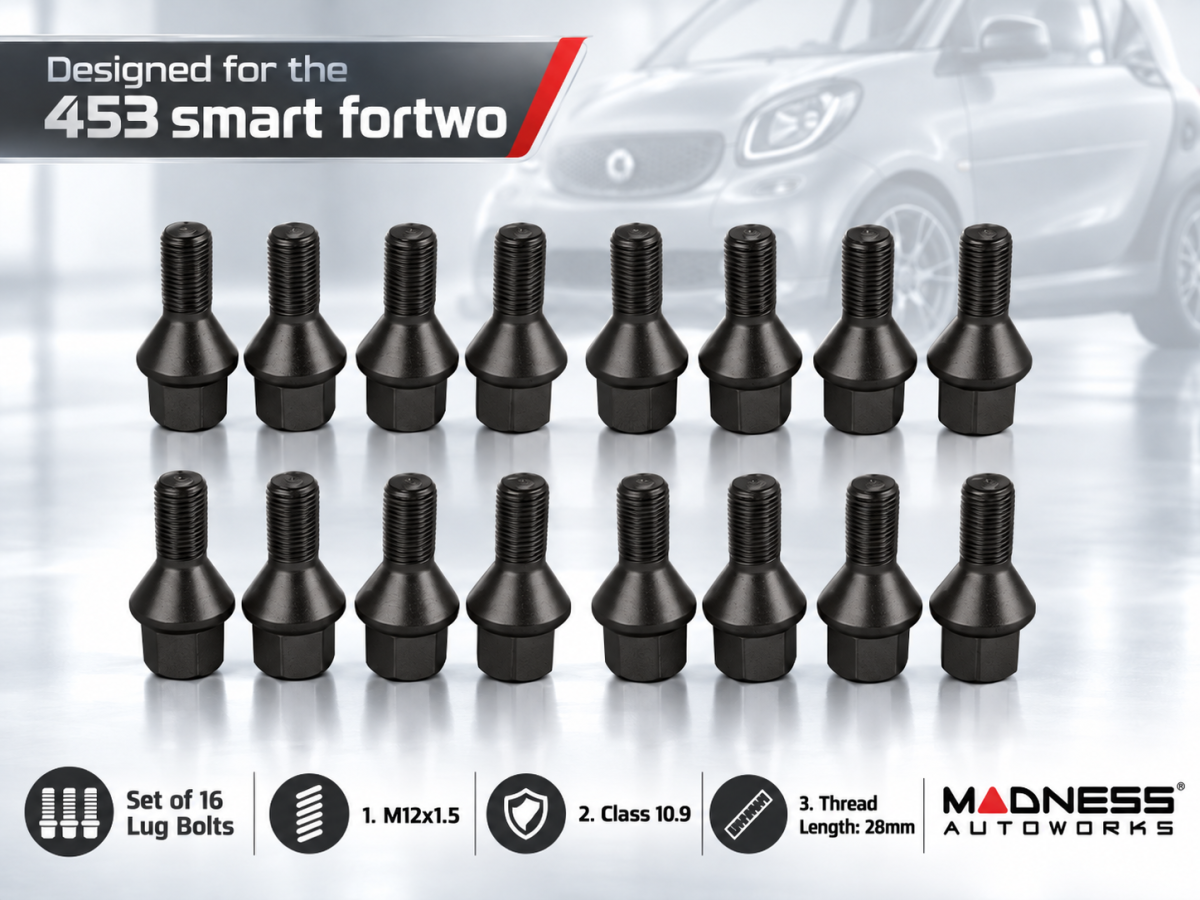 smart fortwo Lug Bolt Set - 453 model - Set of 16 - M12x1.5 - Cone Seat - Black Finish