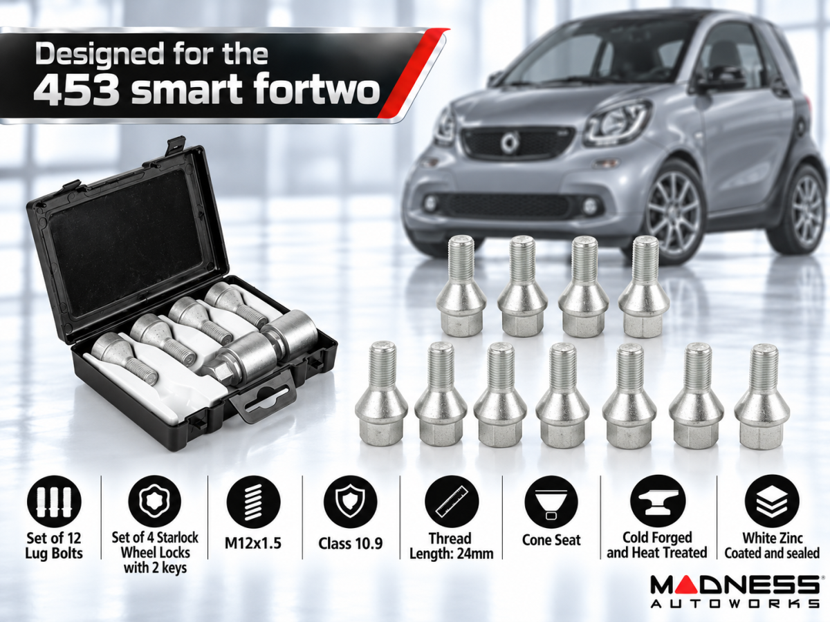 smart fortwo Lug Bolt + Lock Set - 453 model - Farad - Set of 16 - M12x1.5 - Cone Seat - Silver