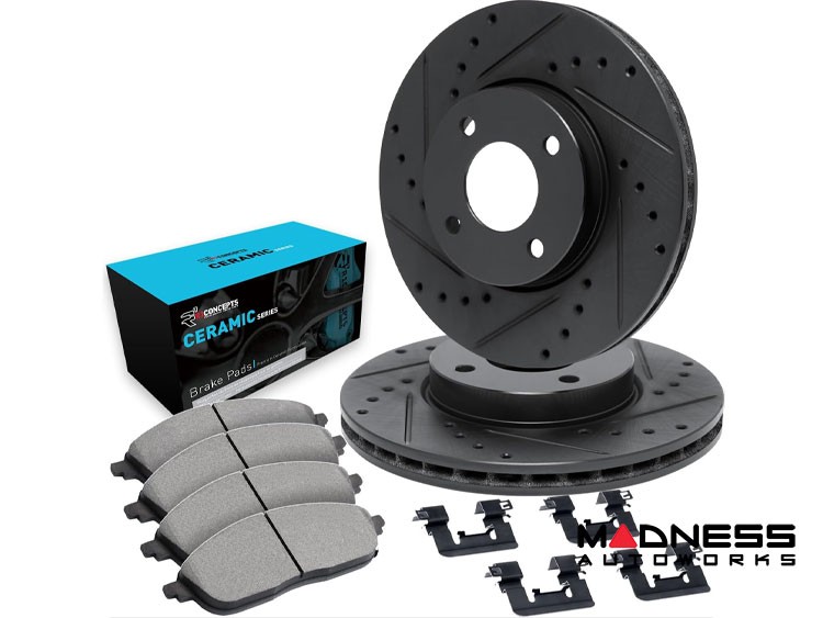 smart fortwo Brake Kit - 453 - Front - R1 Concepts - Ceramic Brake Pads - eLINE Black Drilled + Slotted Rotors