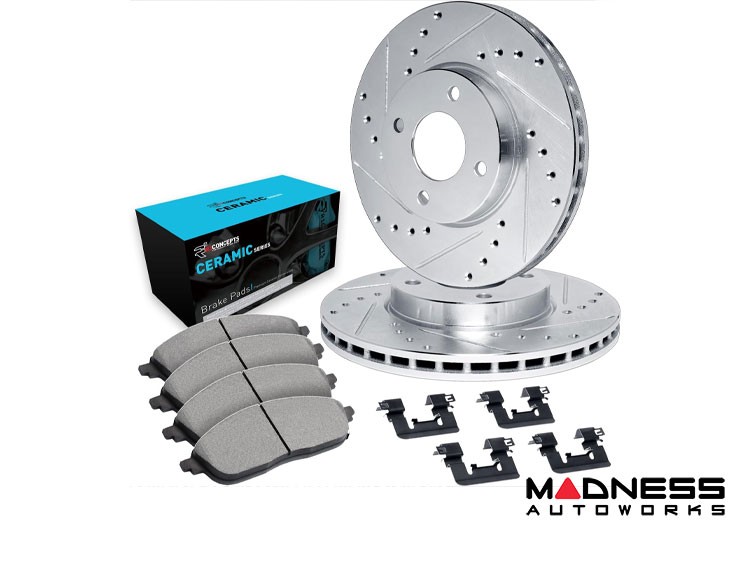 smart fortwo Brake Kit - 453 - Front - R1 Concepts - Ceramic Brake Pads - eLINE Drilled + Slotted Rotors