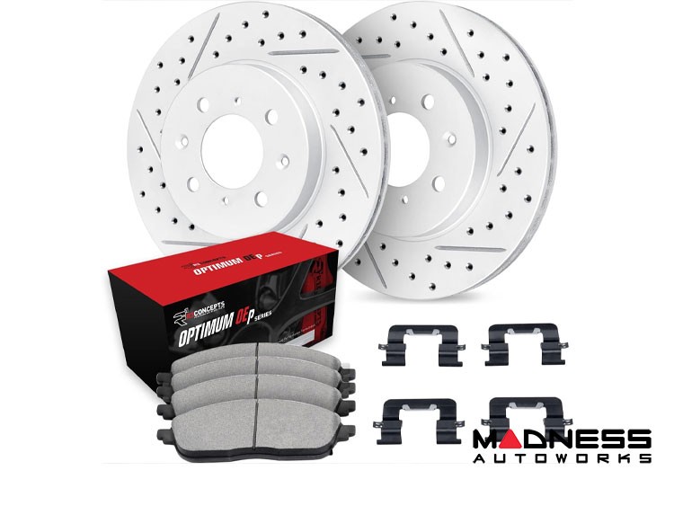 smart fortwo Brake Kit - 453 - Front - R1 Concepts - Optimum OEp Brake Pads - GEO-Carbon Drilled + Slotted Rotors