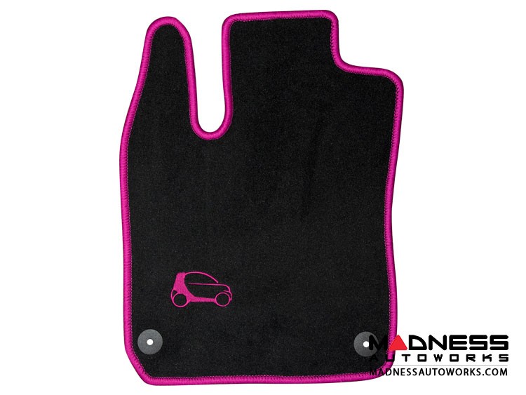 smart fortwo Custom Floor Mats + Cargo Area Mat - 453 model - LUXUS - Pink Binding w/ smart silhouette