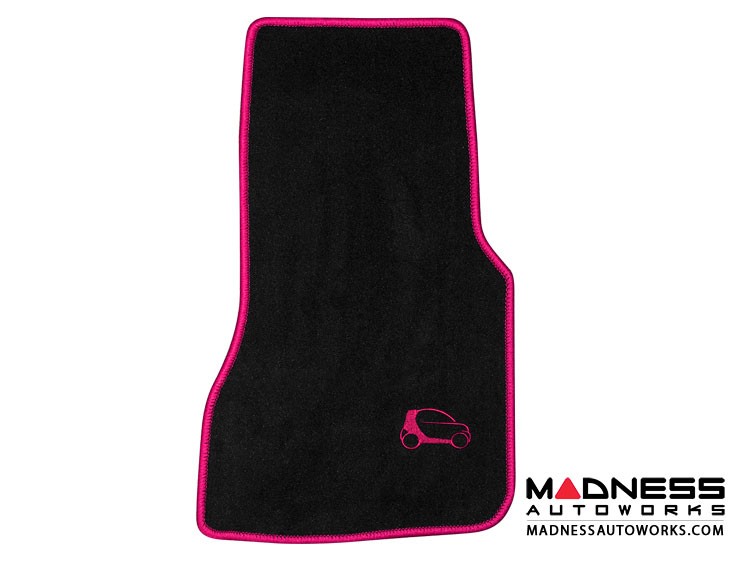 smart fortwo Custom Floor Mats + Cargo Area Mat - 453 model - LUXUS - Pink Binding w/ smart silhouette