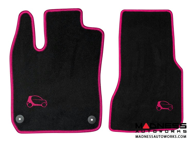 smart fortwo Custom Floor Mats + Cargo Area Mat - 453 model - LUXUS - Pink Binding w/ smart silhouette