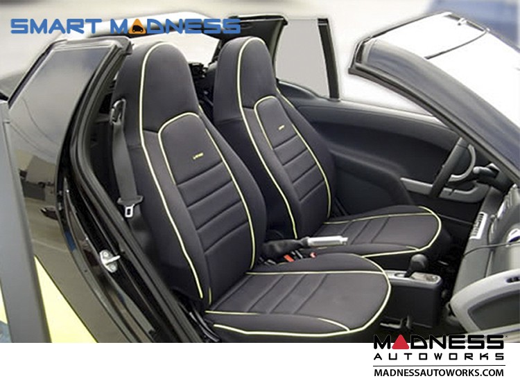 Fits SMART FORTWO 2007-2014, BLACK with BLACK SIDES 451 Classic Synthetic 100% Custom Fit TWO Car Seat Covers Sponge/Foam Padding